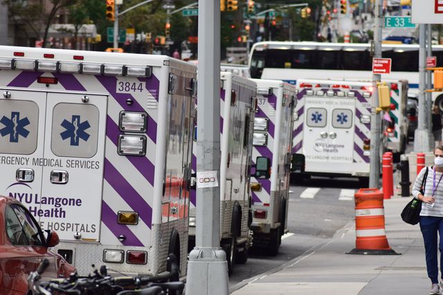 Ambulances parked outside NYU Langone Health in Manhattan